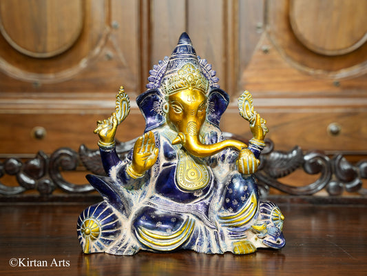 Brass Lord Ganesha Antique Blue Gold Finish 9.5"