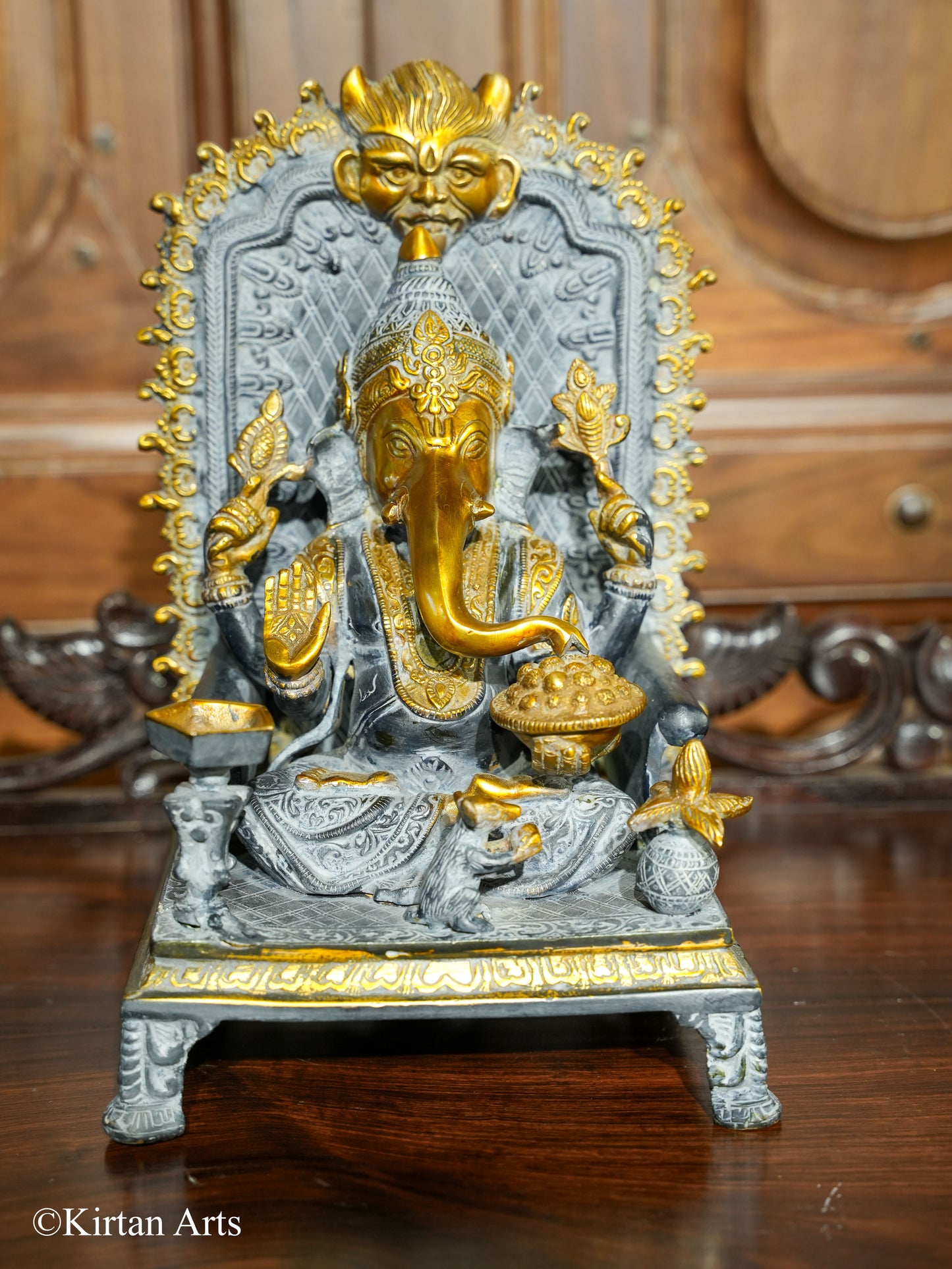 Brass Chowki Pooja Ganesh Grey Gold 12"