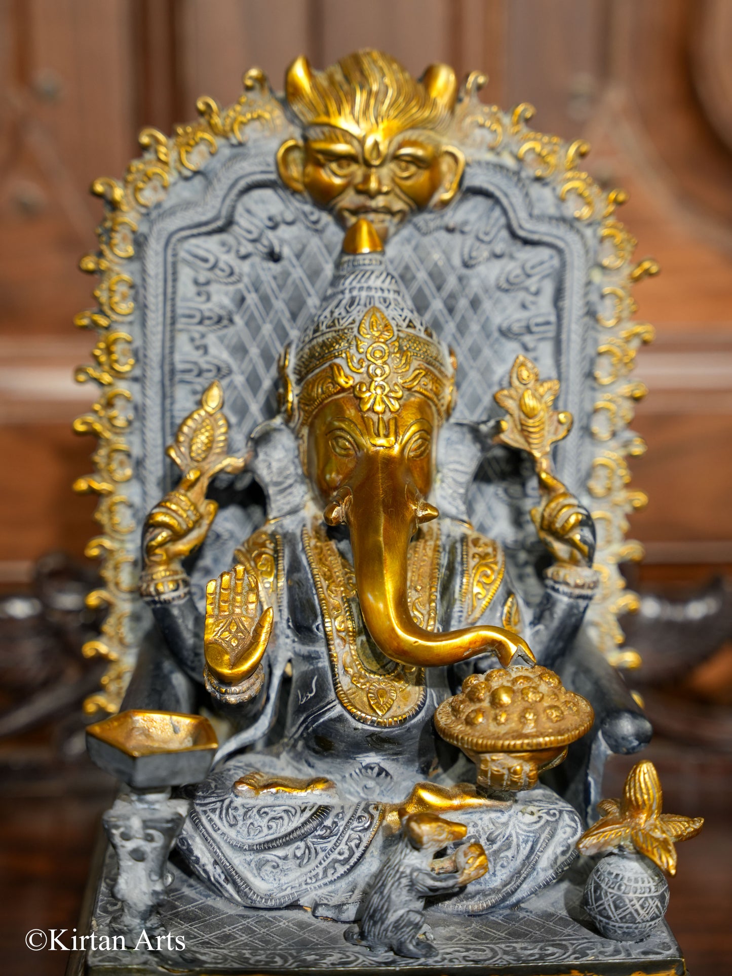 Brass Chowki Pooja Ganesh Grey Gold 12"