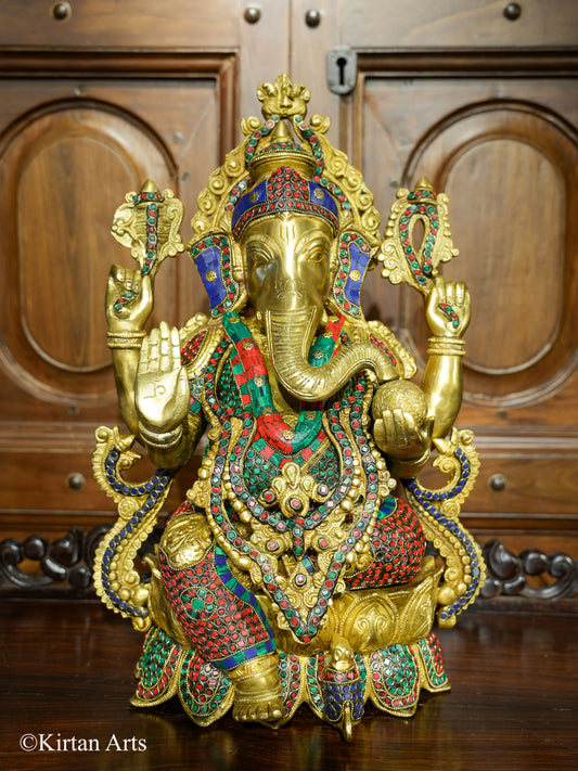 Brass Ganesha with Stonework 21"