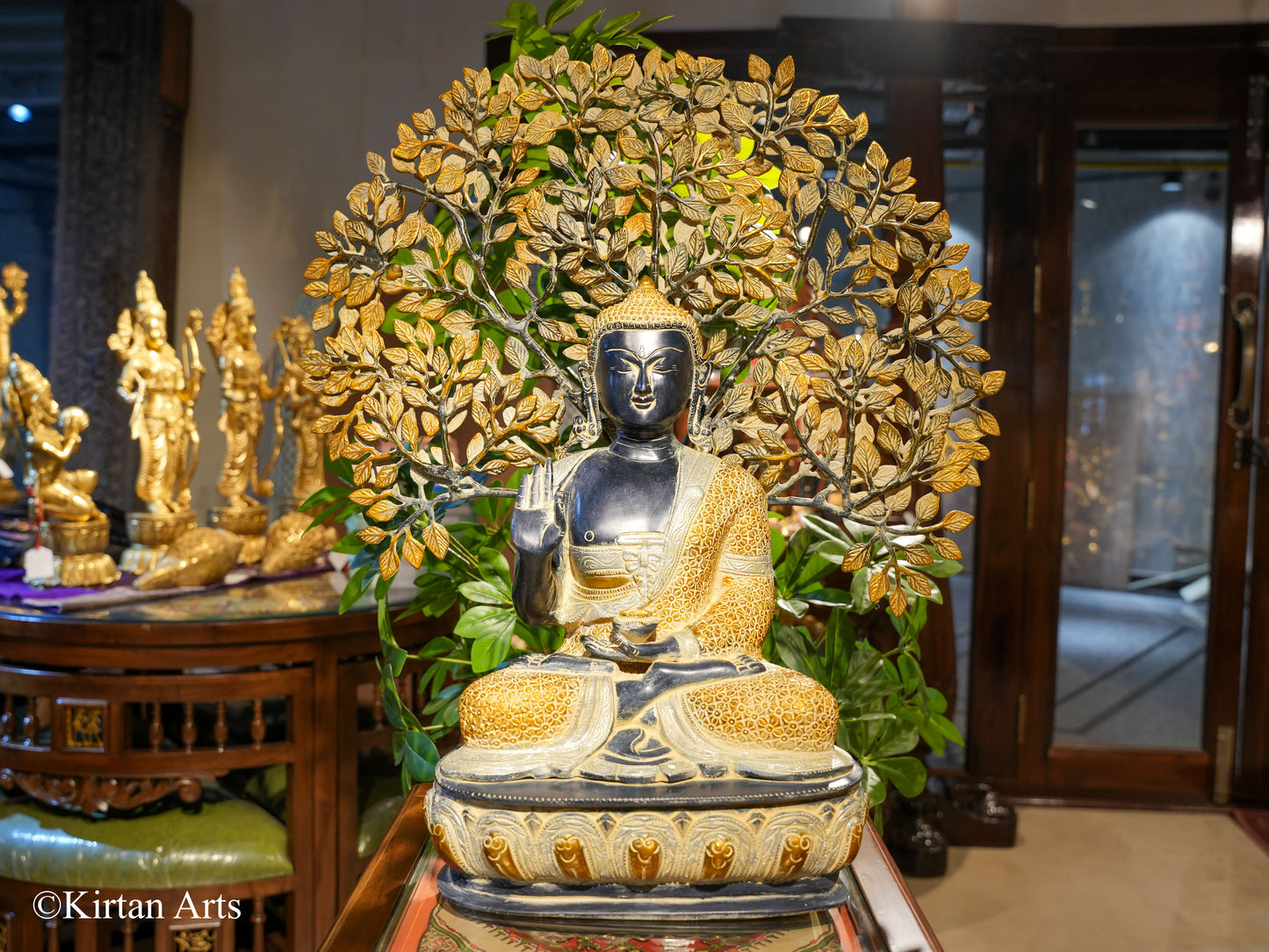 Brass Buddha with Tree Antique Finish 25"