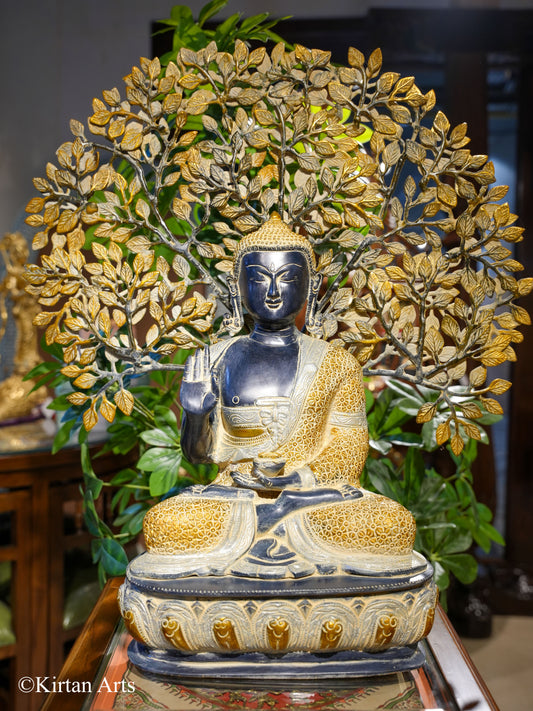 Brass Buddha with Tree Antique Finish 25"