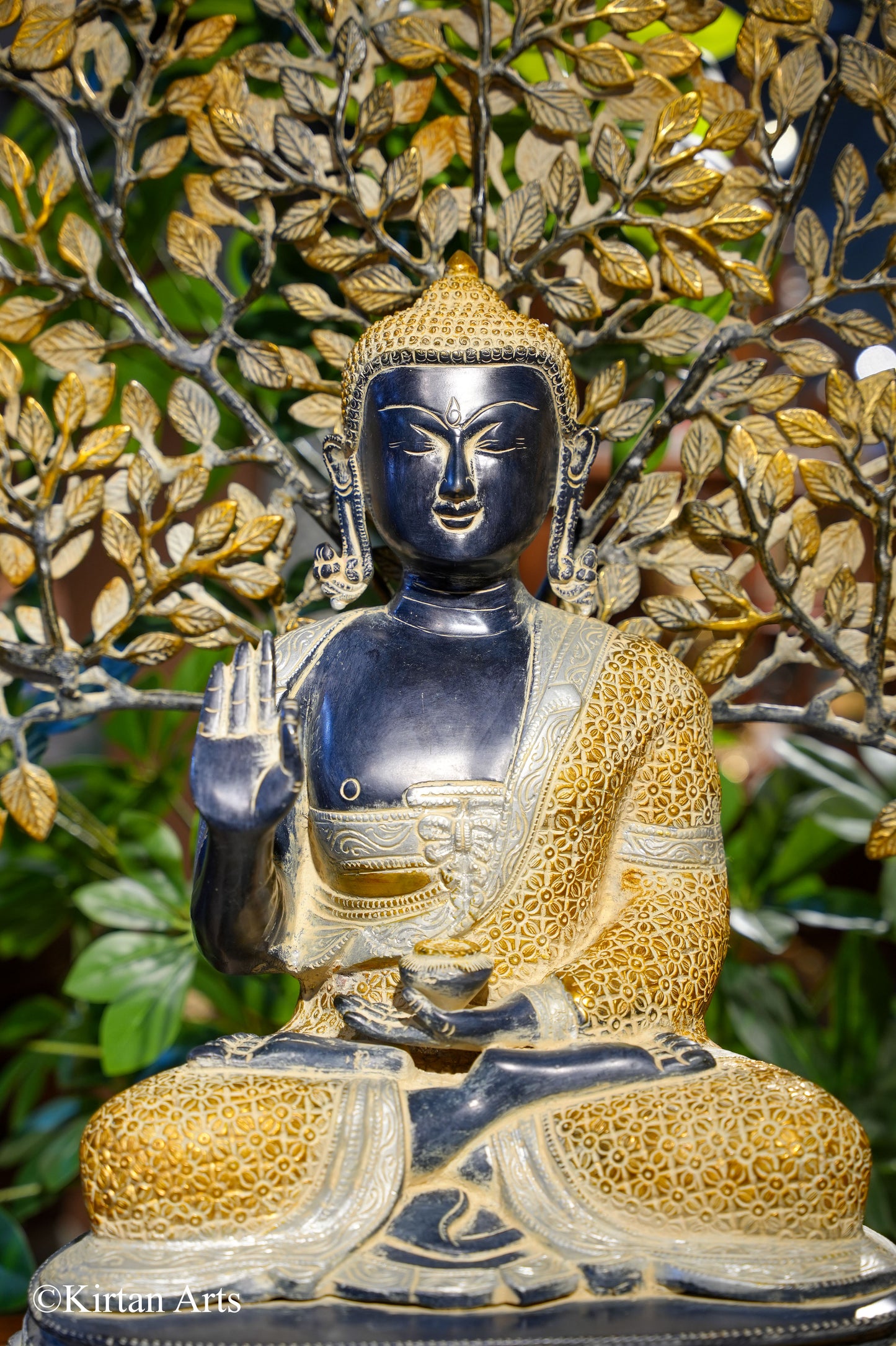 Brass Buddha with Tree Antique Finish 25"