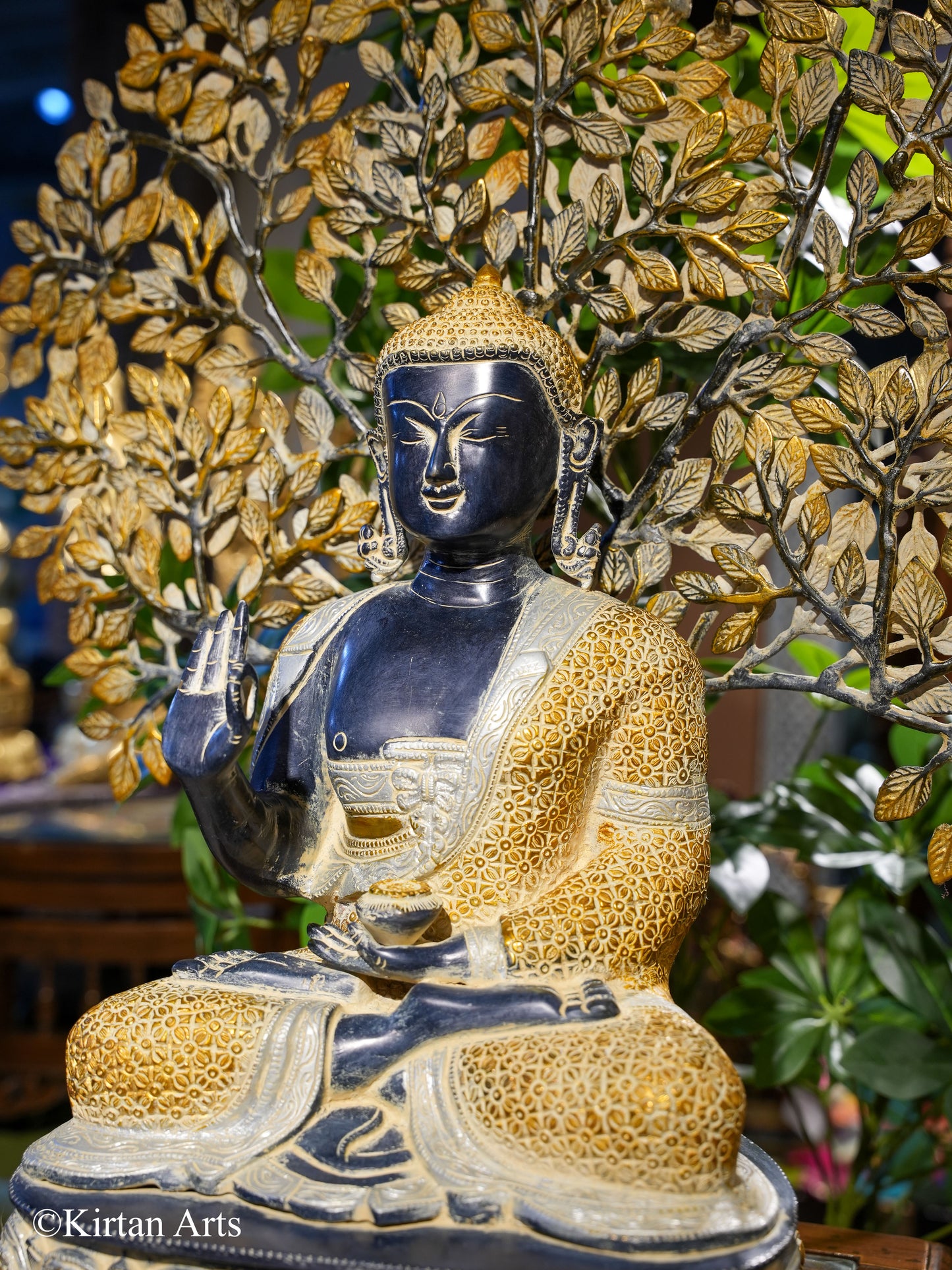 Brass Buddha with Tree Antique Finish 25"