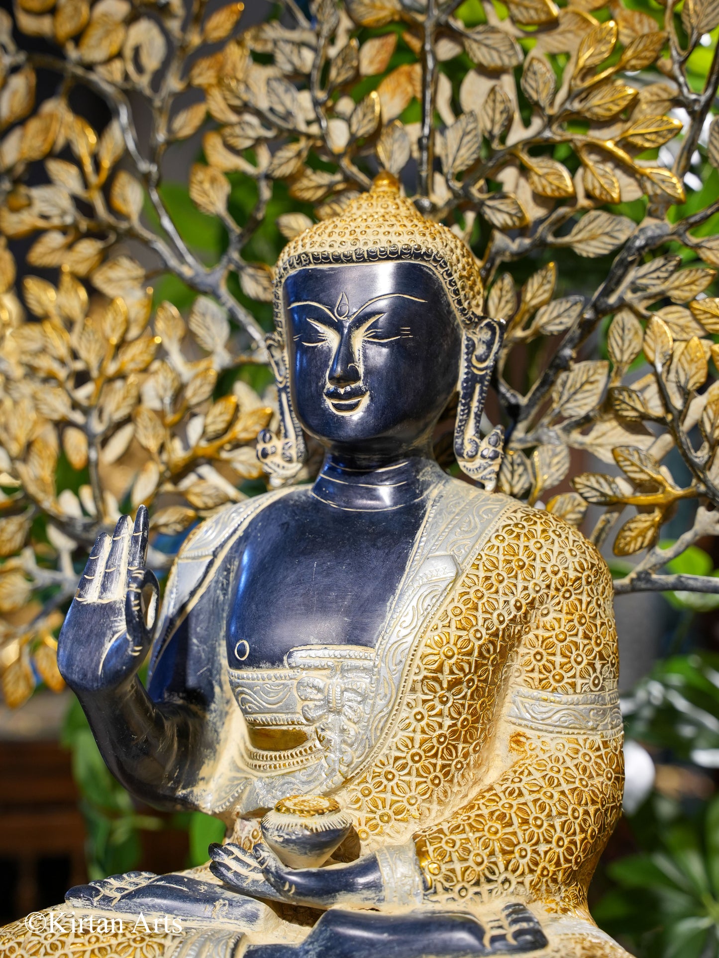 Brass Buddha with Tree Antique Finish 25"