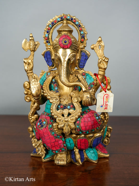 Brass Ganesha on Lotus Stonework 14"