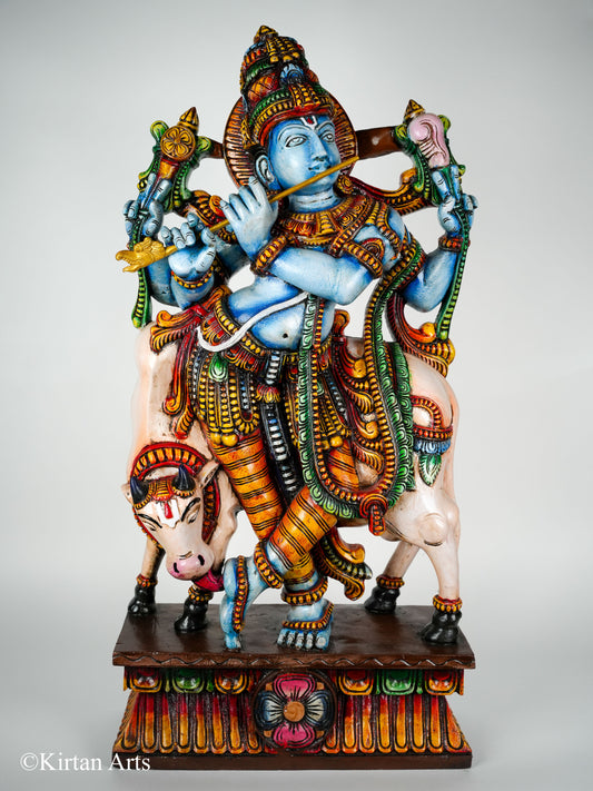 Wood Carved Krishna with Cow 3ft