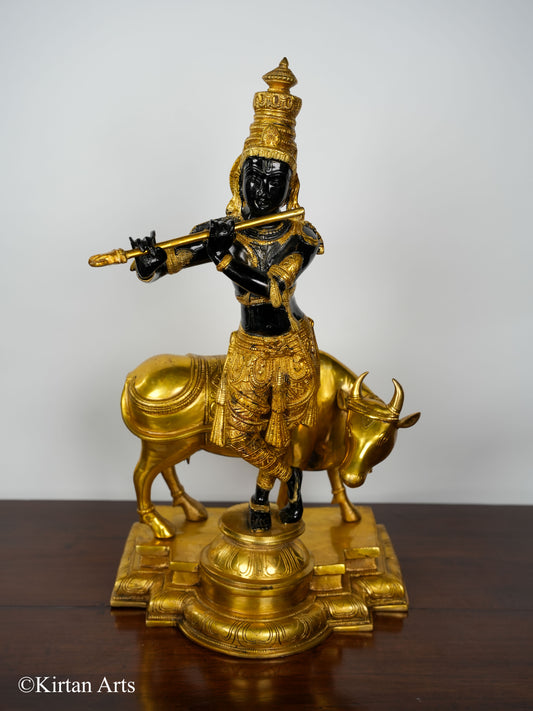 Brass Lord Krishna with Cow Black Gold Finish 25"