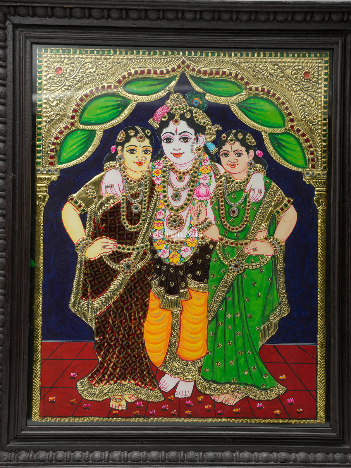 Krishna Rukmini Hands Lord Krishna with Rukmini and Satyabhama Tanjore Painting 23x19 ...