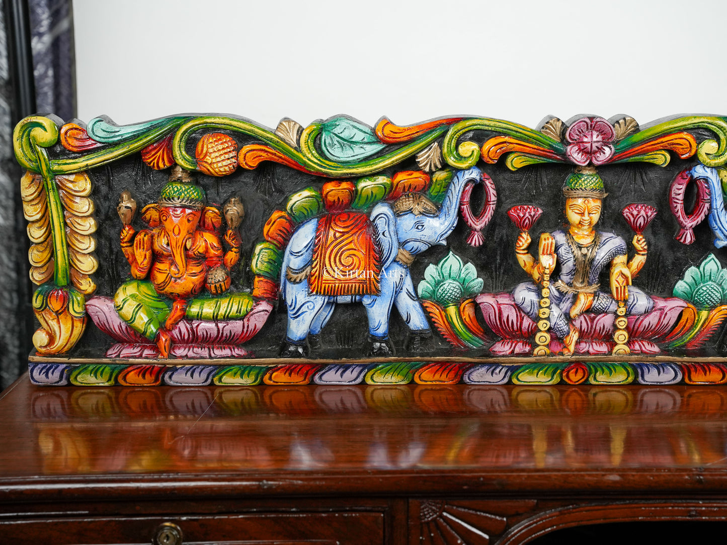 48" Gaja Lakshmi Wooden Panel with Ganesha and Saraswati | Hand Carved