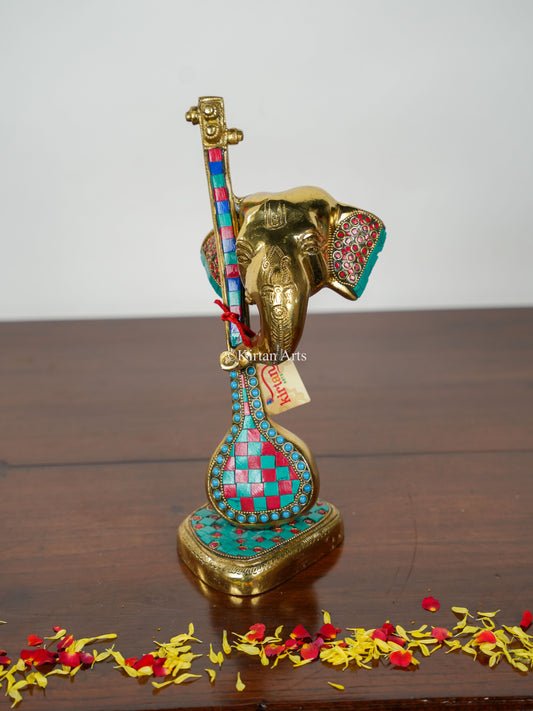 Brass Ganesha with Sitar | 12" | Stonework