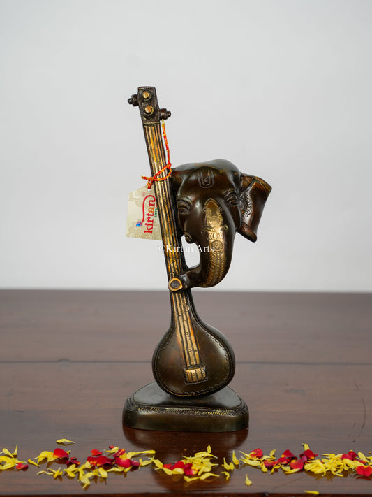 Brass Ganesha with Sitar | 12" | Dark Bronze Finish