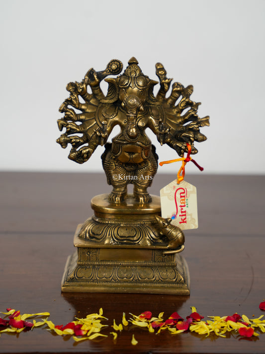 Brass Ganesha | 16 Hands | 8.5" | Antique Finish