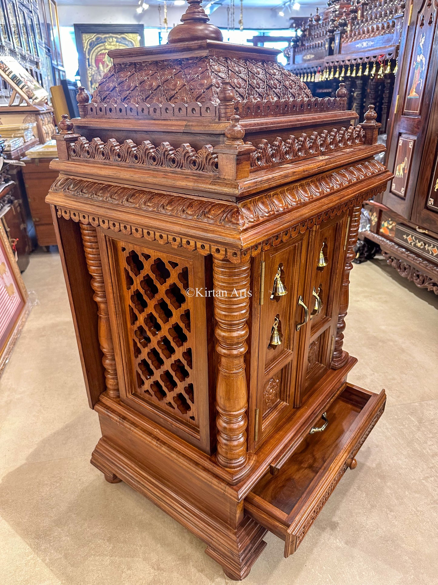 Teakwood Carved Mandir with Doors | 3.5x2x1.5 ft