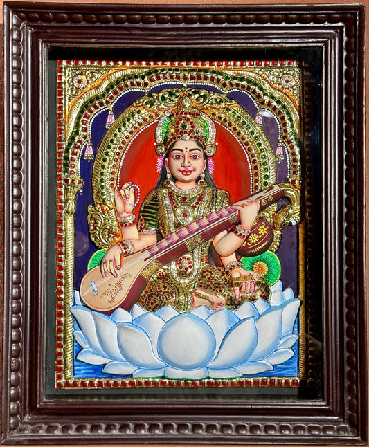 Tanjore Goddess Saraswati Embossed Painting 17"