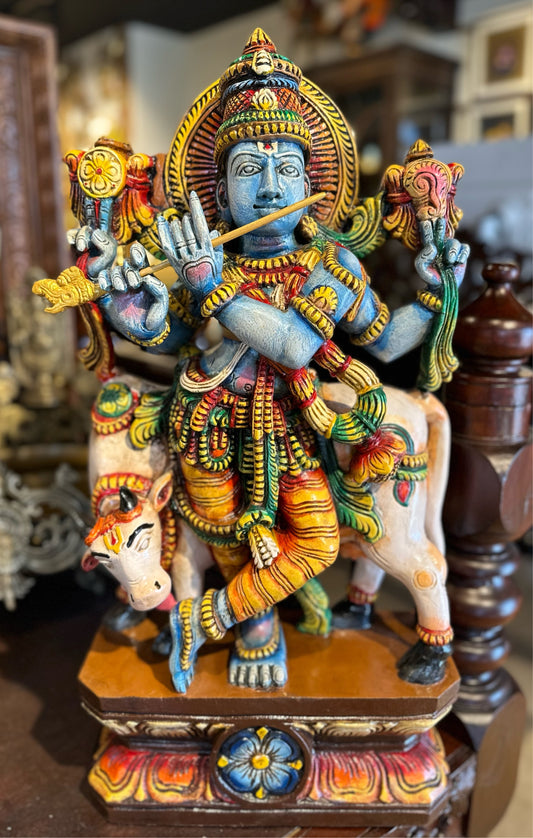 Wood Carved Krishna with Cow 2ft